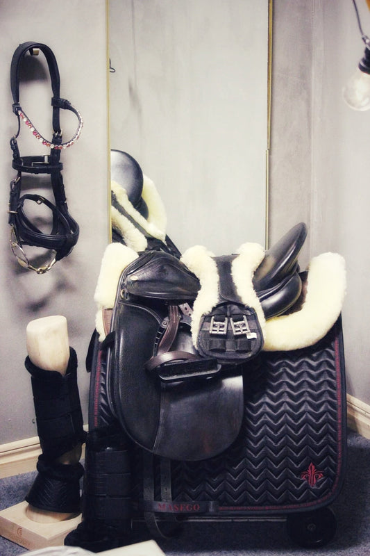 Onyx and Cherry satin dressage saddle pad